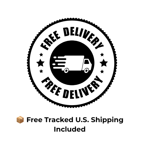 A circular, high-contrast black and white graphic badge sticker containing a central delivery truck icon with speed lines. The stamp text reads FREE DELIVERY arranged in a circular arc on the top and bottom borders, accented by four stars. Underneath the circular emblem, a small shipping box emoji is followed by bold text stating Free Tracked U.S. Shipping Included