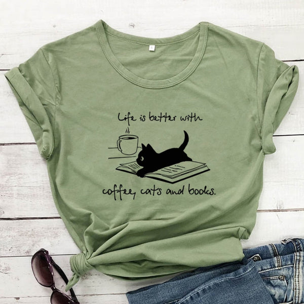 Life Is Better With Coffee Cats And Books Women T-shirt