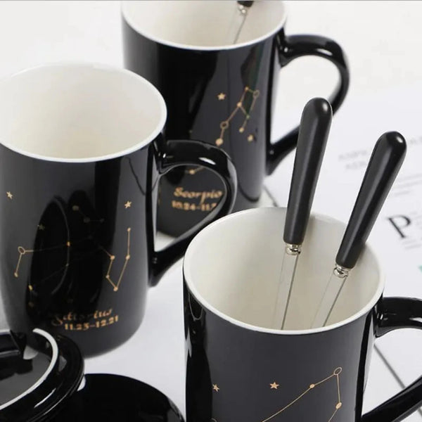 Zodiac 12 Constellations Ceramic Mugs with Spoon Lid and Gift Box
