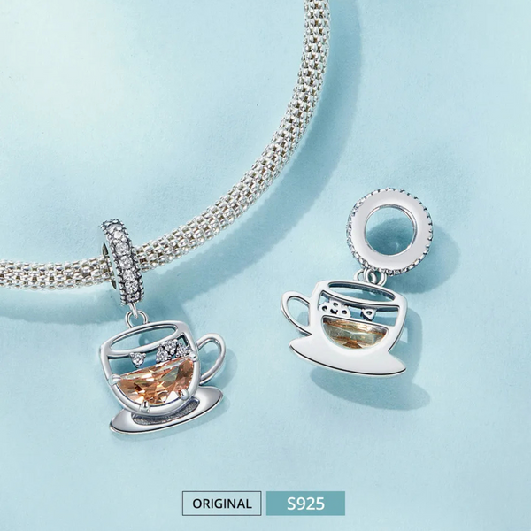 LUXYGLO 925 Sterling Silver Coffee Pendant Charm For Bracelet DIY