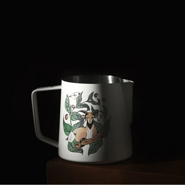 MHW-3BOMBER Origin Series white milk pitcher on a dark background showing the detailed Kaldi goat illustration.