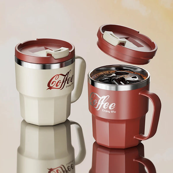 400ml Double Wall Insulated Coffee Mug | 304 Stainless Steel Cup with Lid and Handle