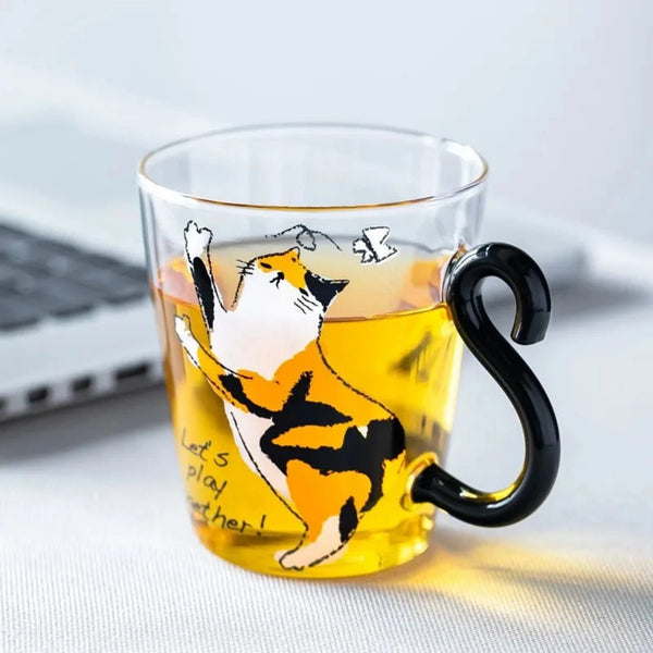 Cat Glass Coffee Tea Cup With Handle for Home Office, 250ML