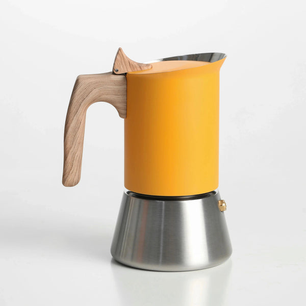 Nordic Stainless Steel Moka Pot – 4/6 Cup Matte Yellow Stovetop Espresso Maker for Home, Office & Camping
