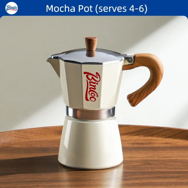 Bincoo Mocha Pot on a wooden surface with a neutral background