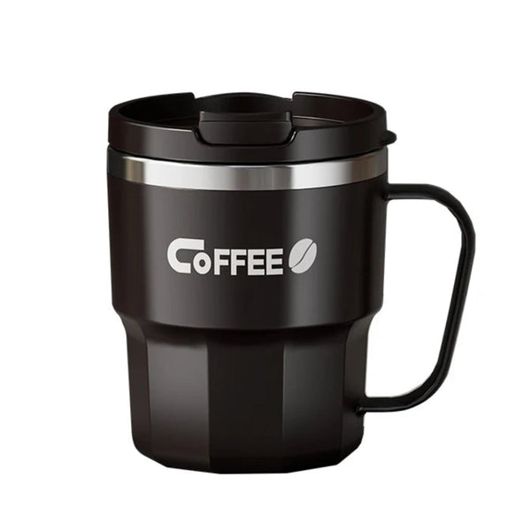 400ml double wall insulated stainless steel coffee mug in black with lid and handle