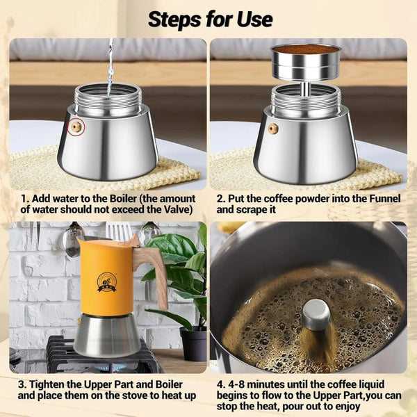 Nordic Stainless Steel Moka Pot – 4/6 Cup Matte Yellow Stovetop Espresso Maker for Home, Office & Camping