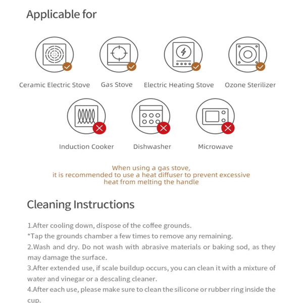 A white background graphic with black text and small icons showing appliance compatibility and cleaning instructions. The top section lists appliances such as ceramic electric stove, gas stove, electric heating stove, ozone sterilizer, induction cooker, dishwasher, and microwave, with some marked crossed out in red.