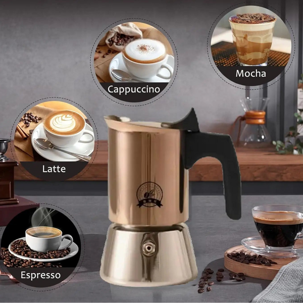 Rose gold moka pot stovetop espresso maker graphic showcasing drink options like Espresso, Latte, Cappuccino, and Mocha.