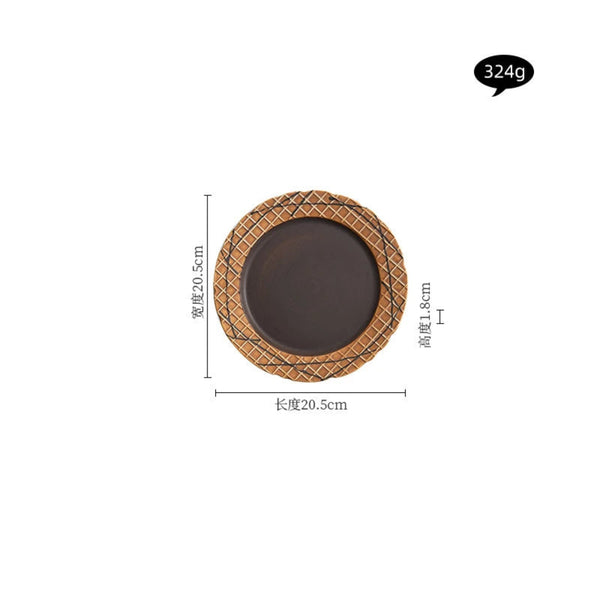 Technical dimensions for the dark chocolate center ceramic plate with a tan waffle-textured rim: 20.5cm diameter, 1.8cm height, and 324g weight.
