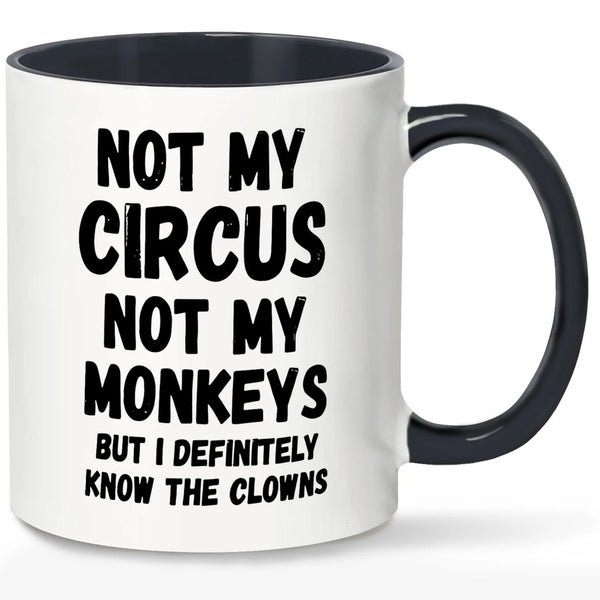 White mug with black interior and handle featuring humorous text on a white background