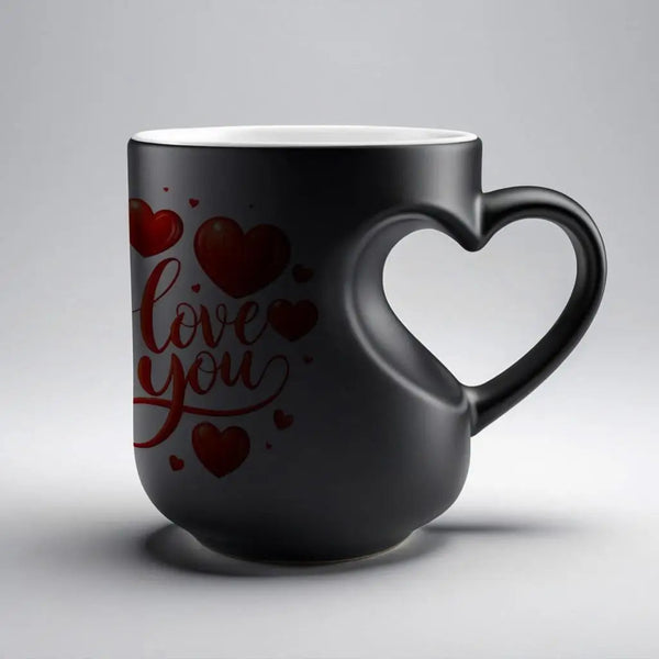 Black mug with heart-shaped handle on a gray background
