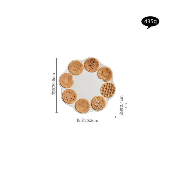 Technical dimensions for the flower-shaped ceramic plate with 3D biscuit decorations: 20.5cm diameter, 2.4cm height, and 435g weight.
