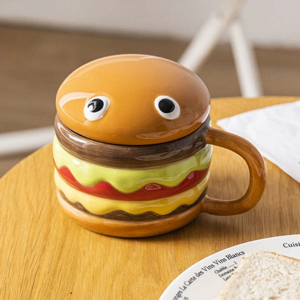 HANGRY Hamburger Shaped Ceramic Coffee Mug With Lid