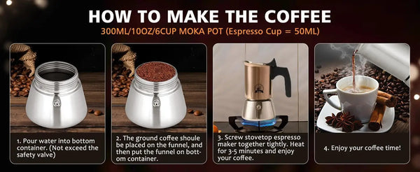 Infographic banner showing step-by-step instructions on how to use a 6-cup 300ml rose gold stainless steel moka pot.