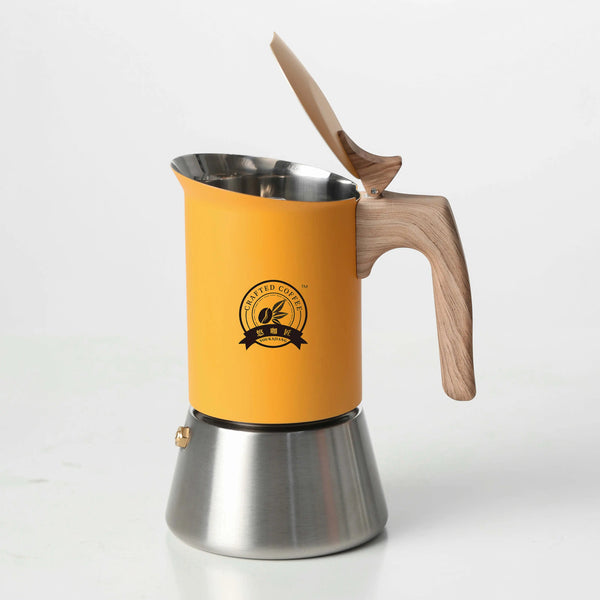 Nordic Stainless Steel Moka Pot – 4/6 Cup Matte Yellow Stovetop Espresso Maker for Home, Office & Camping