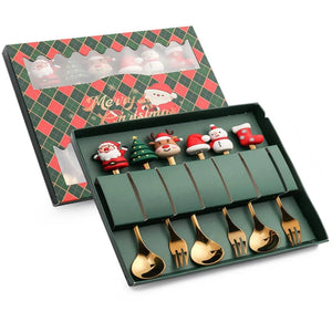 Christmas Style Stainless Steel Gold Spoons Forks Set for Kids (6Pcs Red/Green Gift Box Set)