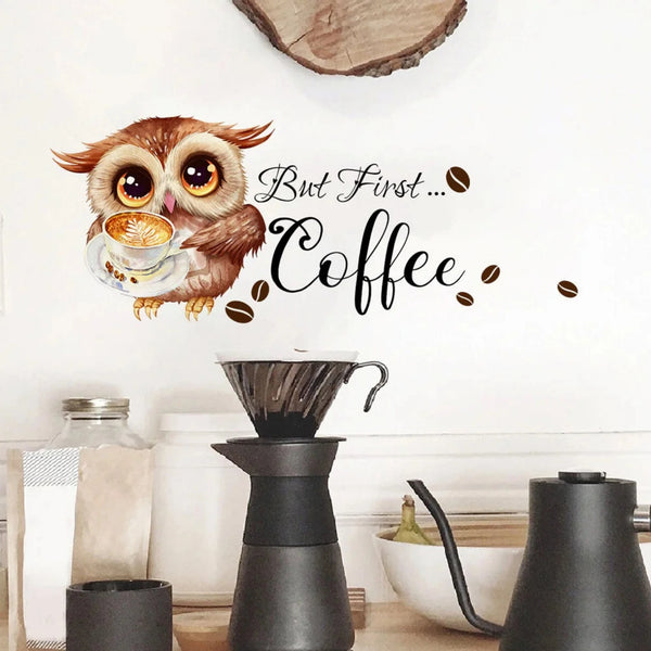 But First Coffee Owl Coffee Cup Wall Sticker