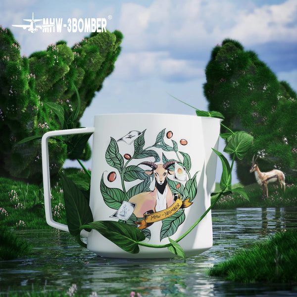 MHW-3BOMBER Origin Series milk pitcher in a surreal nature setting featuring the Kaldi goat and coffee leaf illustration.