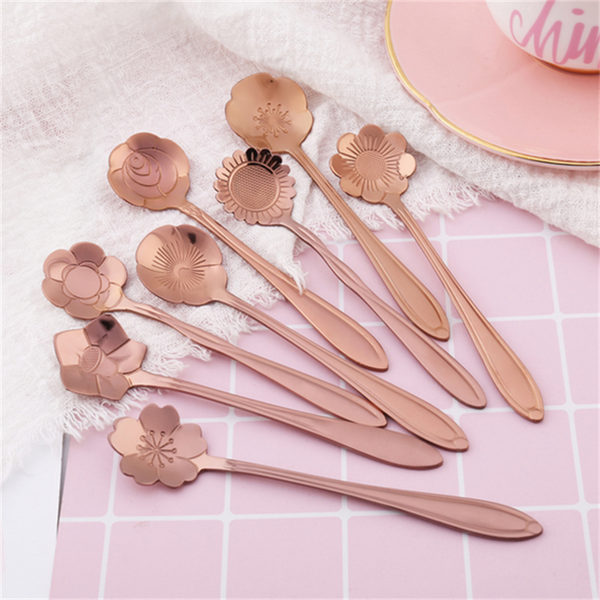 Vintage Flower Gold Silver Rose Gold Stainless Steel Coffee Spoon - 8 Pcs