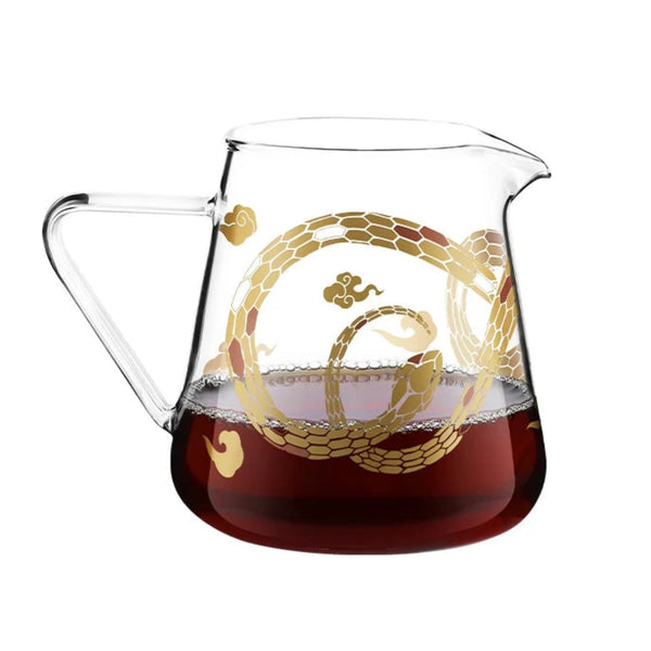 MHW-3BOMBER Serpent Series 500ml Glass Coffee Server with gold snake decal and pour-over coffee.