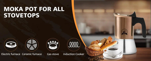 Rose gold stainless steel moka pot stovetop compatibility banner showing electric furnace, ceramic furnace, gas stove, and induction cooker compatibility.