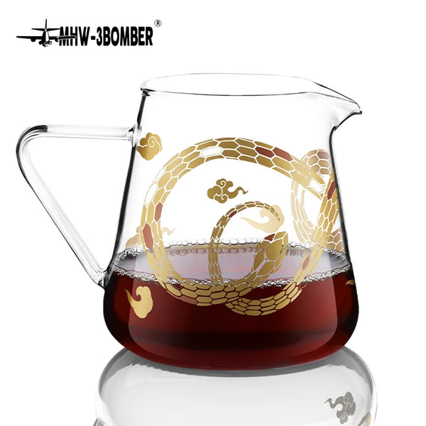 MHW-3BOMBER Serpent Series 500ml Glass Coffee Server with gold snake decal and pour-over coffee.