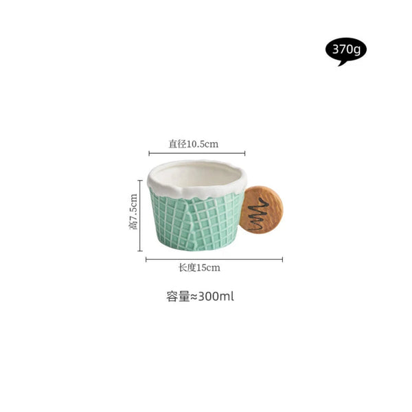 Size and weight specifications for the chocolate cookie handle waffle mug: 300ml capacity, 10.5cm diameter, 7.5cm height, and 370g weight.