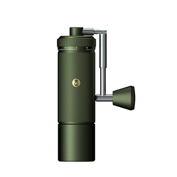 TIMEMORE Chestnut S3 Manual Coffee Grinder in Sage Green, featuring a knurled olive green aluminum unibody, an external camera-lens style grind adjustment dial with visible numerical tick markings, and a metal foldable crank handle with a matching green knob on a plain white background.