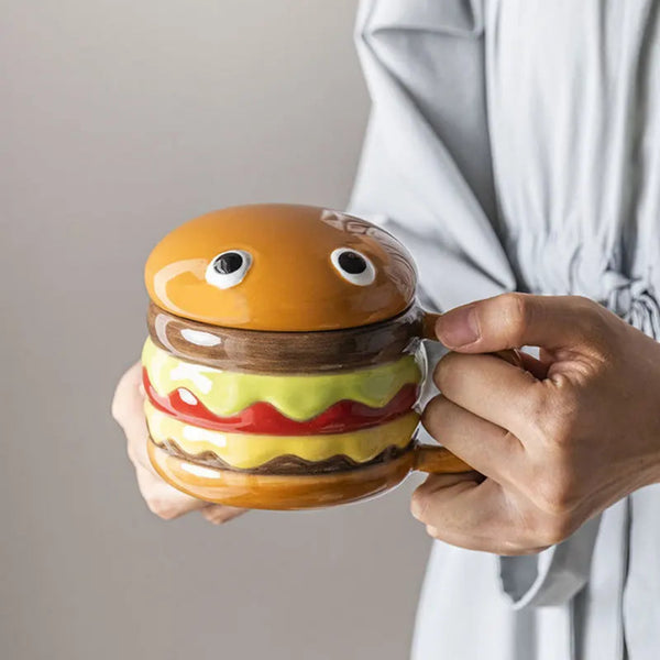 HANGRY Hamburger Shaped Ceramic Coffee Mug With Lid