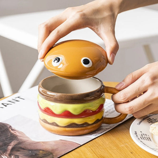 HANGRY Hamburger Shaped Ceramic Coffee Mug With Lid