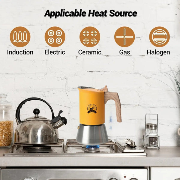 Yellow and silver coffee maker on a stove with heat source compatibility icons above.