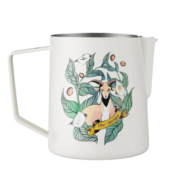 MHW-3BOMBER Origin Series 600ml milk frothing pitcher in cream white featuring the Kaldi goat latte art illustration.
