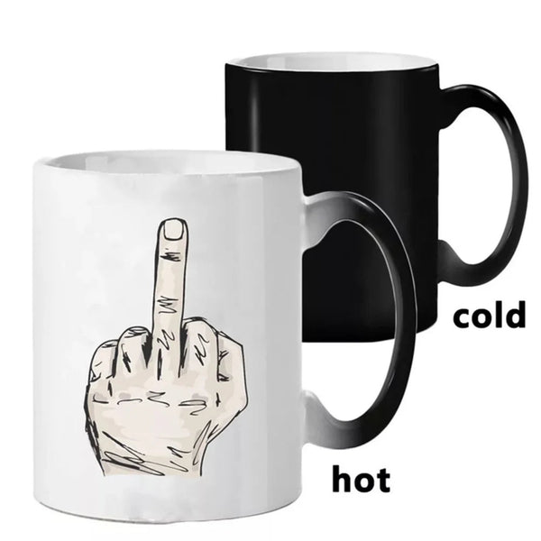 A color-changing mug shown in two states: white with a hand gesture graphic and black when hot. The image includes text labels 'hot' and 'cold' to indicate the temperature-dependent color change.