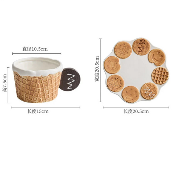 Hand-Painted Ceramic Breakfast Set: Cookie Handle Mug and Round Biscuit Serving Plate