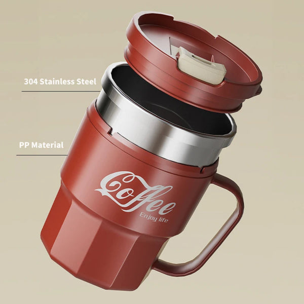 Red 304 stainless steel insulated coffee mug with PP material outer shell and removable lid