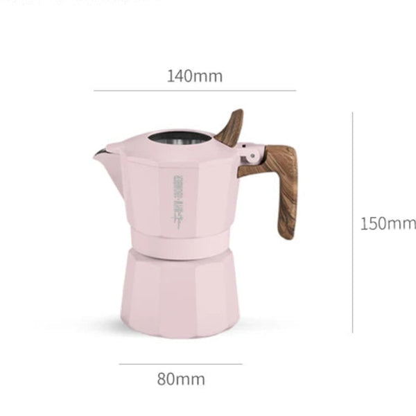 Product information graphic showing a pink moka pot with dimension labels: 140mm width, 150mm height, and 80mm base diameter, on a white background.