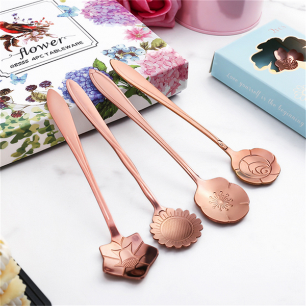 Vintage Flower Gold Silver Rose Gold Stainless Steel Coffee Spoon - 8 Pcs
