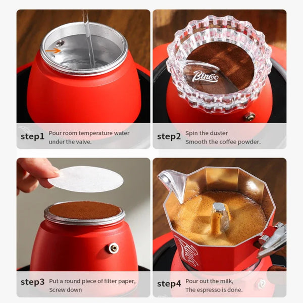Step-by-step guide on how to make espresso using a red coffee maker with images and text.