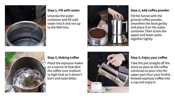 Step-by-step guide on making coffee using an moka pot.