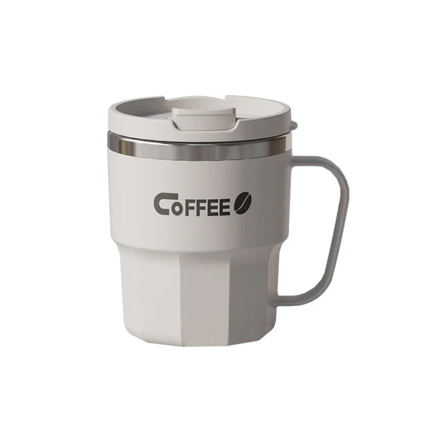 400ml double wall insulated stainless steel coffee mug in white with lid and handle