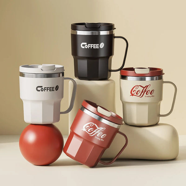 Insulated stainless steel coffee mugs with handles shown in black, white, beige and red