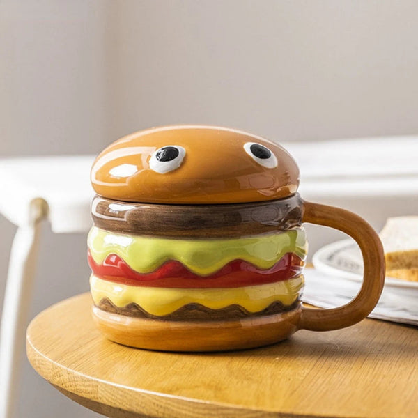 HANGRY Hamburger Shaped Ceramic Coffee Mug With Lid
