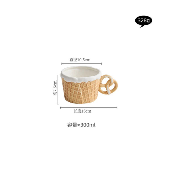 Technical dimensions for the pretzel handle waffle mug showing a 300ml capacity, 10.5cm diameter, 7.5cm height, and 328g weight.