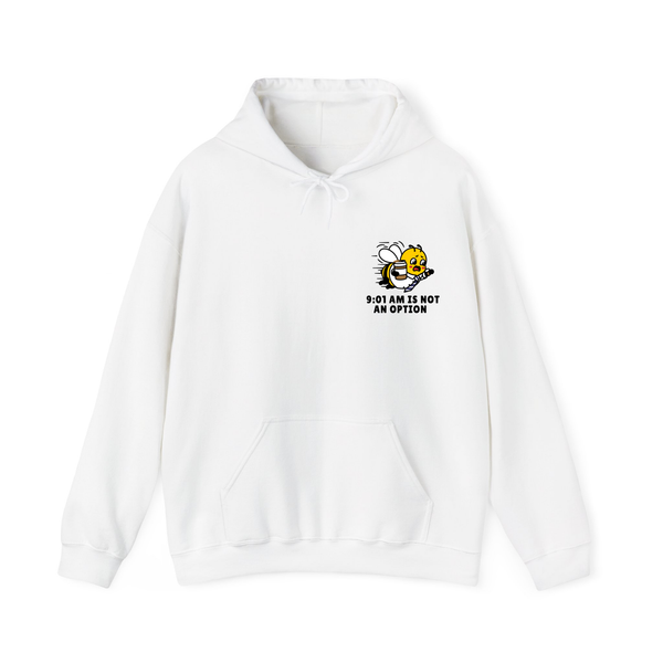 Ceramic White pullover hoodie featuring a small graphic on the left chest of a cartoon bee rushing with a coffee cup and tie, below the black text "9:01 AM IS NOT AN OPTION" on a solid white background