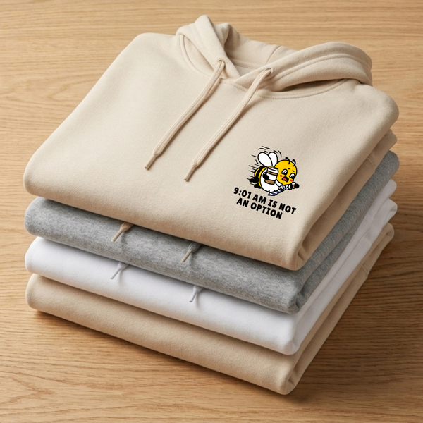A stacked pile of three folded minimalist unisex hoodies on a wooden table, featuring an upper-left chest embroidery design of a running corporate bee mascot with a coffee mug and the text slogan 9:01 AM IS NOT AN OPTION. Fabric colorways displayed from top to bottom are Oatmeal Cream Sand, Heather Ash Grey, and Ceramic White.
