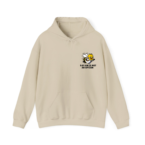 Oatmeal Cream pullover hoodie featuring a small graphic on the left chest of a cartoon bee rushing with a coffee cup and tie, below the black text "9:01 AM IS NOT AN OPTION" on a solid white background.