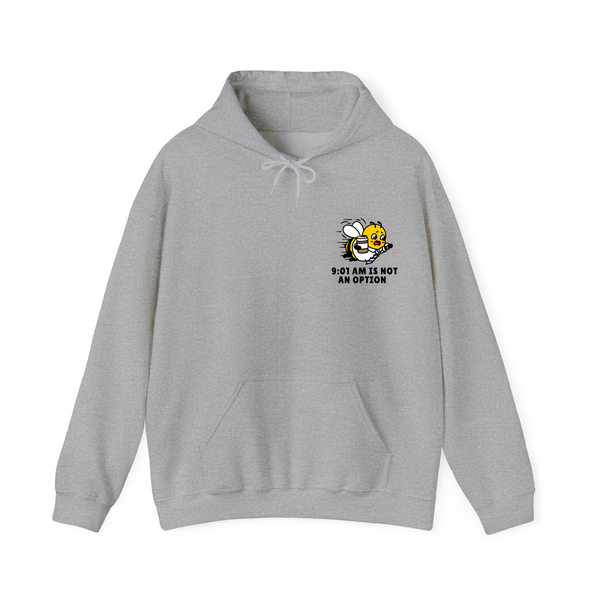 Heather Ash Grey pullover hoodie featuring a small graphic on the left chest of a cartoon bee rushing with a coffee cup and tie, below the black text "9:01 AM IS NOT AN OPTION" on a solid white background