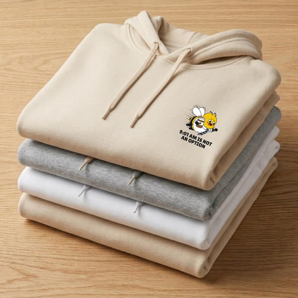 A stacked pile of three folded minimalist unisex hoodies on a wooden table, featuring an upper-left chest embroidery design of a running corporate bee mascot with a coffee mug and the text slogan 9:01 AM IS NOT AN OPTION. Fabric colorways displayed from top to bottom are Oatmeal Cream Sand, Heather Ash Grey, and Ceramic White.
