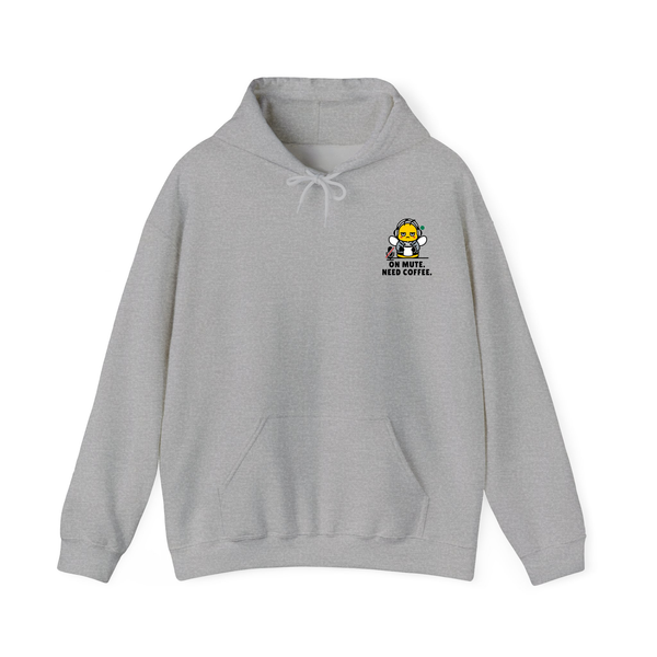 Heather Ash Grey pullover hoodie featuring a small graphic on the left chest of a cartoon bee rushing with a coffee cup and tie, below the black text "ON MUTE. NEED COFFEE." on a solid white background.